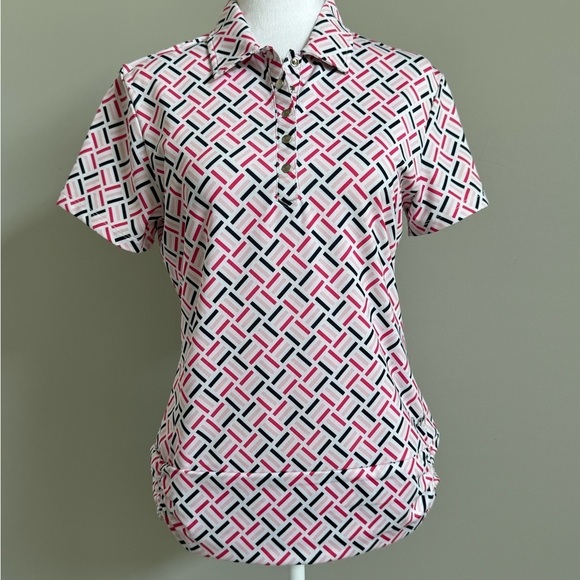 Nivo White and Pink Polo Collar Button Down Golf Polo Shirt - Picture 1 of 7